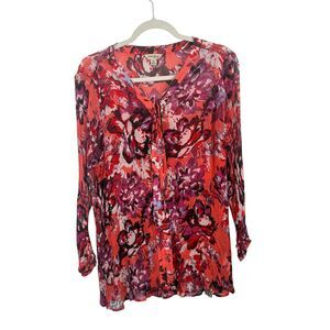 Lucky Brand Orange Floral Button Front Sheer Blouse Boho Preppy Womens Plus 1x
